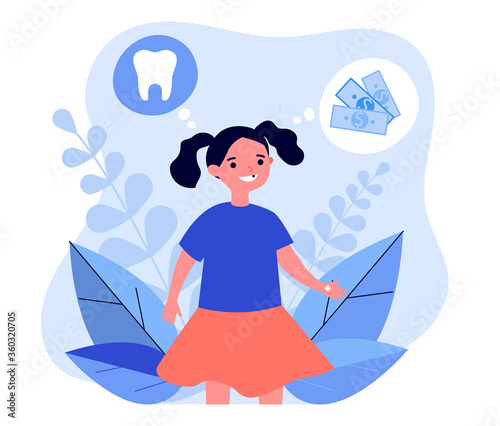 Cheerful girl selling her tooth. Child holding tooth, counting money, though cloud flat vector illustration. Tooth fairy, dental care, dentistry concept for banner, website design or landing web page