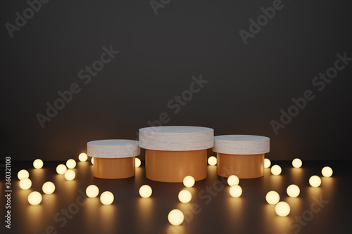 Podium concept product display background, gold white and marble stone round pedestal or platform and frame. blank space, lights on the floor, 3d rendering.