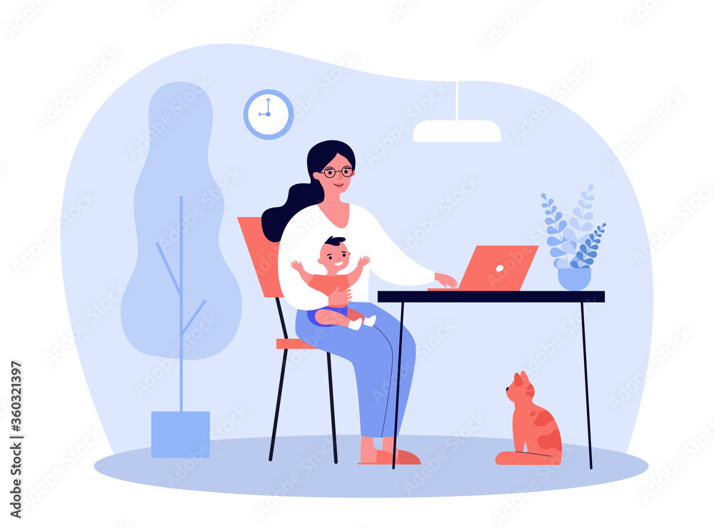 Happy mother holding baby and working online at home flat vector illustration. Cartoon mom sitting at desk and using laptop computer. Motherhood and freelance concept Happy mother holding baby and working online at home flat vector illustration. Cartoon mom sitting at desk and using laptop computer. Motherhood and freelance concept