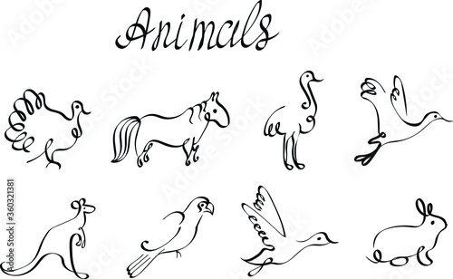 Animals, hand drawn children vector isolated design elements on white background. Concept for logo, icon