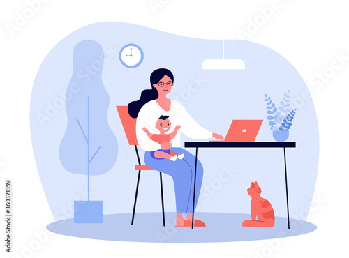 Happy mother holding baby and working online at home flat vector illustration. Cartoon mom sitting at desk and using laptop computer. Motherhood and freelance concept © Bro Vector