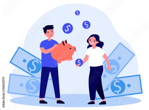 Happy kids saving money. Children with piggy bank, cash, dollar flat vector illustration. Finance management, family budget concept for banner, website design or landing web page