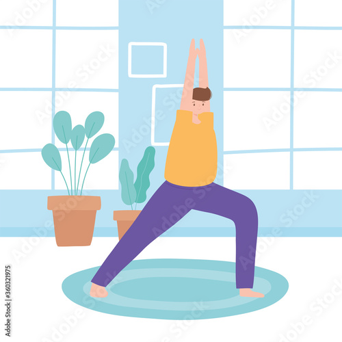 man practicing yoga pose exercises, healthy lifestyle, physical and spiritual practice