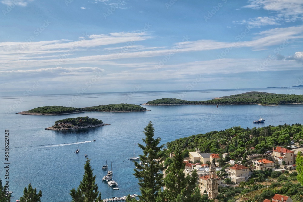 Hvar Island Croatia, Meditteranean coast. Ariel view of popular Croatia islands. Summer landscape in Europe.