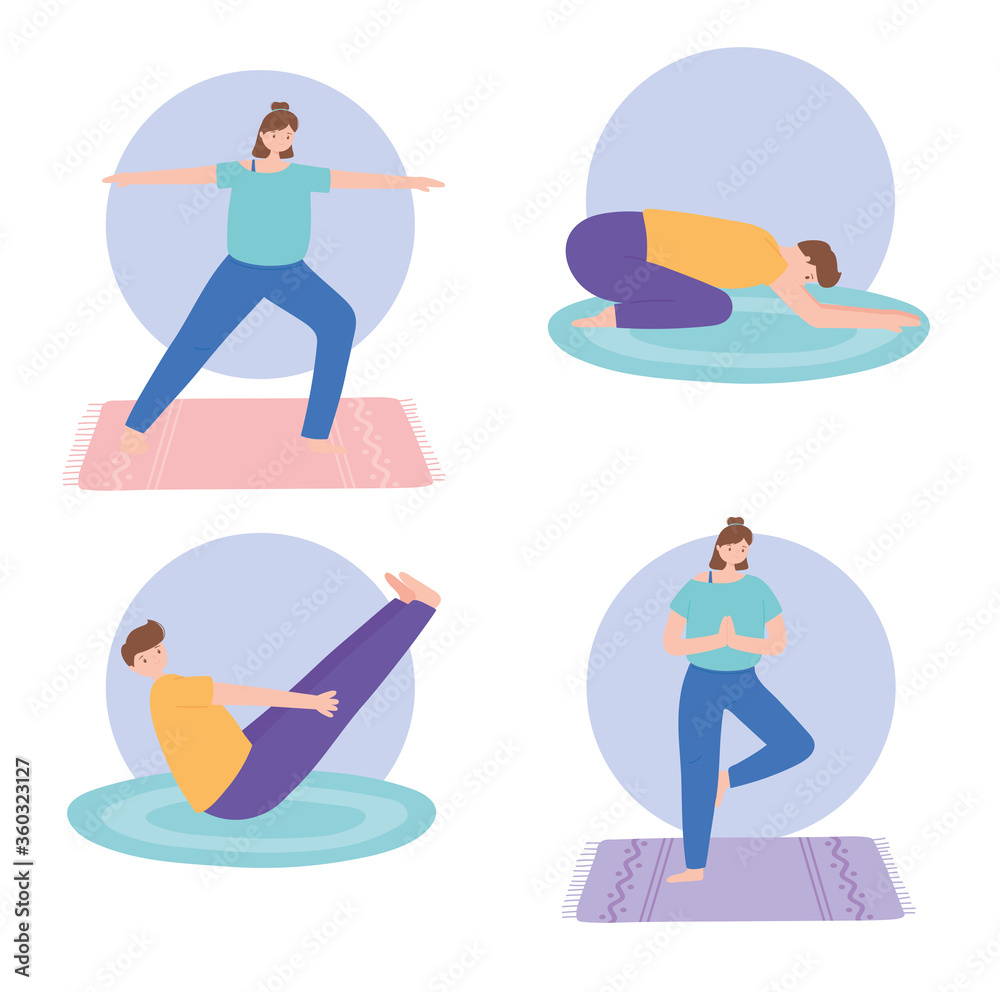 Obraz premium people practicing yoga different pose exercises, healthy lifestyle, physical and spiritual practice set