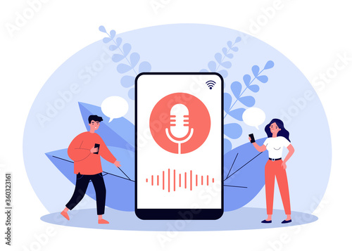 Happy tiny people using voice assistant isolated flat vector illustration. Cartoon characters standing near big smartphone with speaker. Software and digital technology concept
