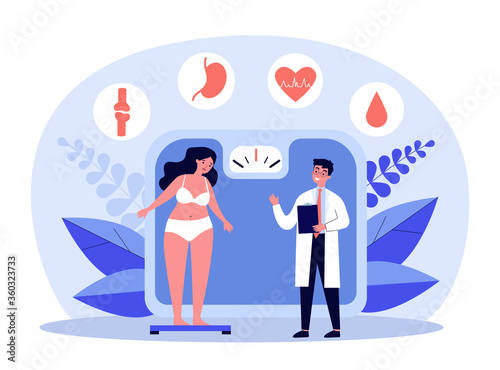 Doctor consulting overweight girl flat vector illustration. Cartoon tiny woman with diabetes standing on scales. Fat problem, health and obesity concept
