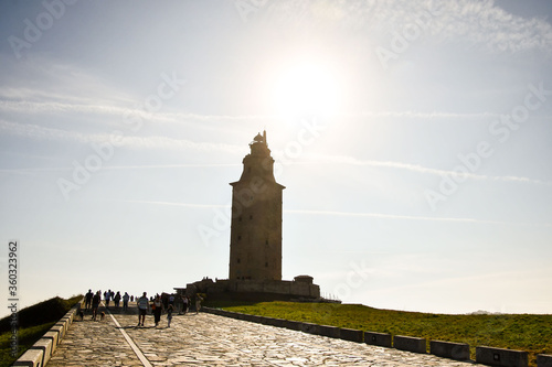 lighthouse at sunset, photo as a background , in a coruna north spain, galicia, spain, europe , tower of hercules lighthouse