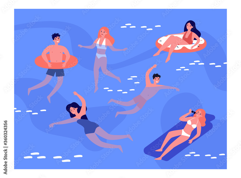 Happy people swimming in sea isolated flat vector illustration. Cartoon characters playing and relaxing in ocean water. Summer activity and vacation concept