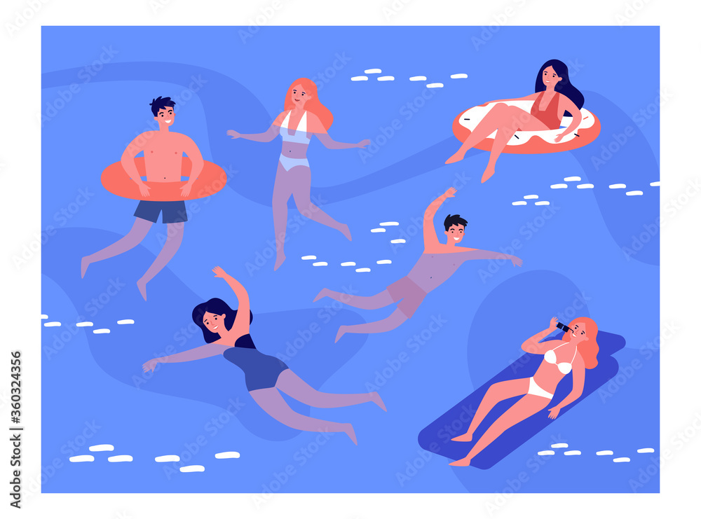 Happy people swimming in sea isolated flat vector illustration. Cartoon characters playing and relaxing in ocean water. Summer activity and vacation concept Happy people swimming in sea isolated flat vector illustration. Cartoon characters playing and relaxing in ocean water. Summer activity and vacation concept