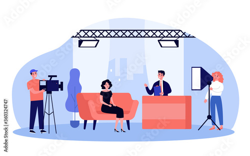 Female host on TV studio show isolated flat vector illustration. Cartoon camera crew shooting interview with person. Broadcasting and television concept