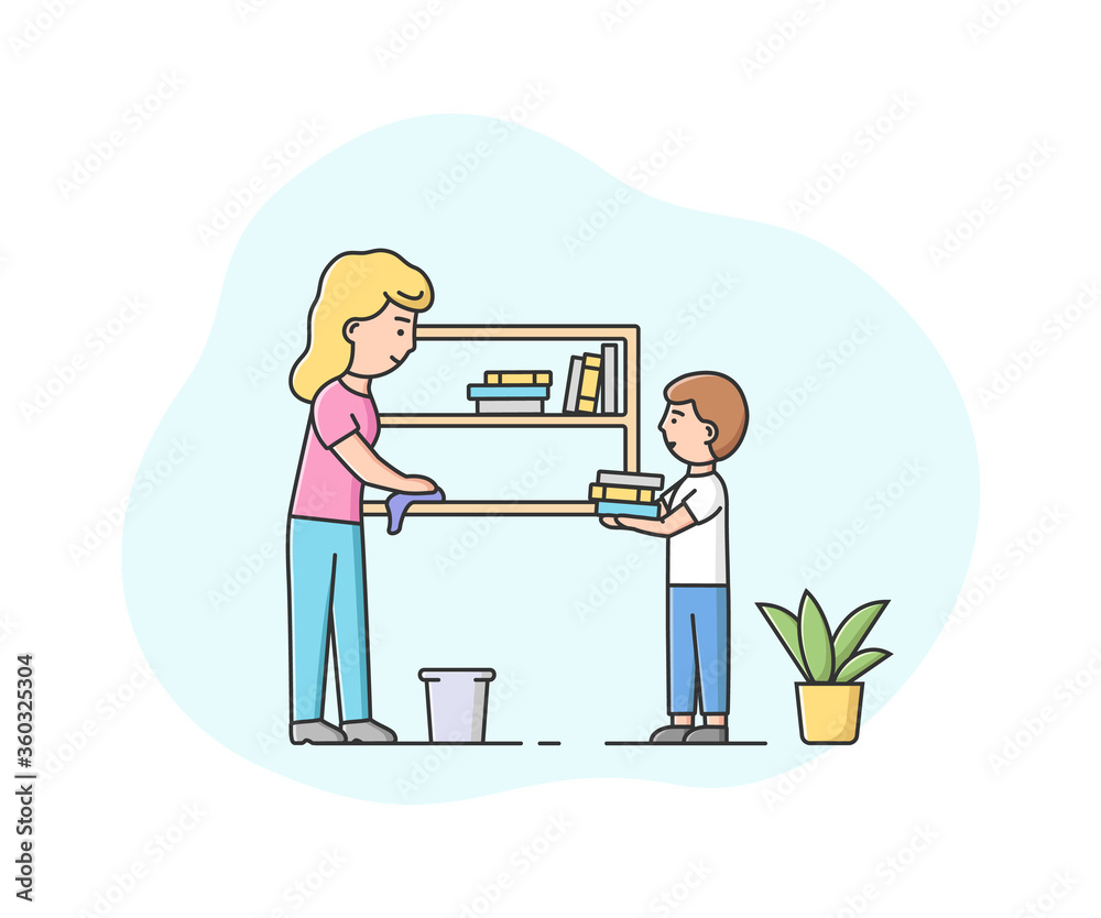 Concept Of Parenting And Cleaning Apartments. Happy Mother Make Wet Cleaning Of Apartment With Little Son. Characters Wipe Dust On Bookshelf. Cartoon Linear Outline Flat Style. Vector Illustration Concept Of Parenting And Cleaning Apartments. Happy Mother Make Wet Cleaning Of Apartment With Little Son. Characters Wipe Dust On Bookshelf. Cartoon Linear Outline Flat Style. Vector Illustration