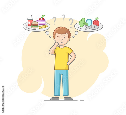 Good Nutrition Concept. Causes and Consequences Of Unhealthy Eating. Thoughtful Male Character Thinking Of Choosing Healthy And Unhealthy Meal. Cartoon Linear Outline Flat Style. Vector Illustration