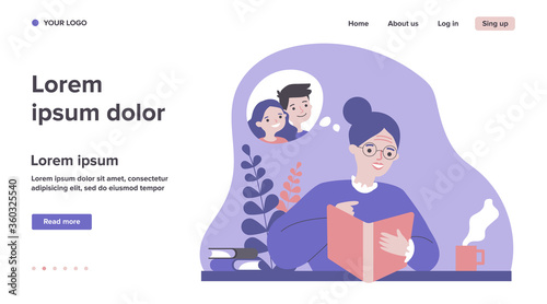 Grandma watching photo album and smiling. Happy senior woman reading book and imagining heroes flat vector illustration. Hobby and journal concept for banner, website design or landing web page