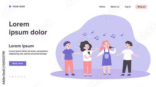 Group of children singing song with microphones. Kids attending music school, singing in church choir. Vector illustration for kids musical band, performance, talent show concept