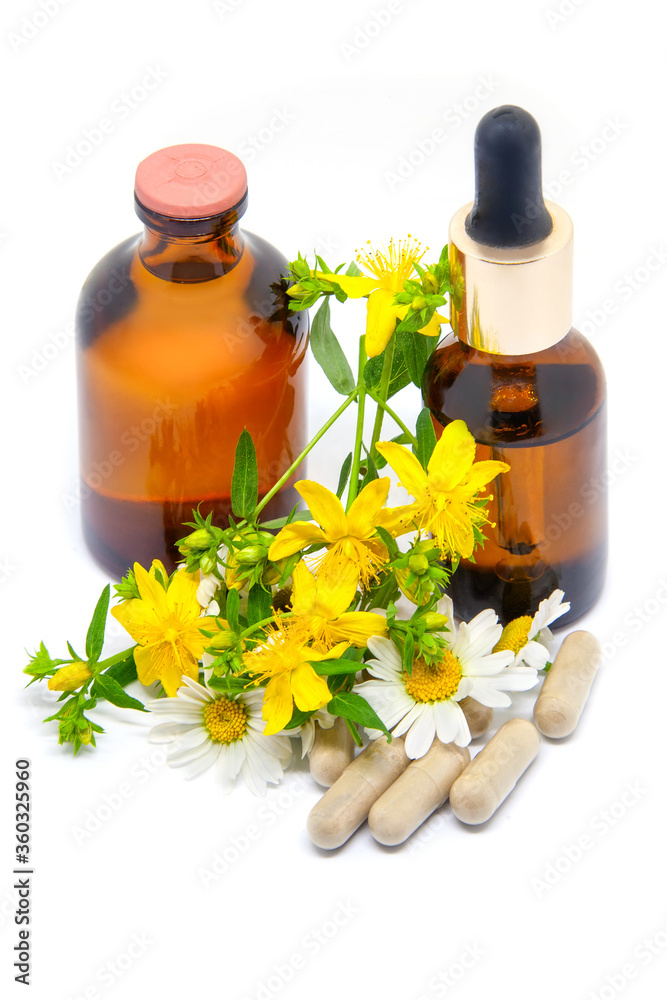 Herbal capsules, tincture and oil from St. John's wort and chamomile Herbal capsules, tincture and oil from St. John's wort and chamomile