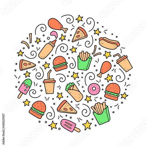 Hand drawn set of fast food elements, burger, pizza, sandwich, hamburger, snack. Comic doodle sketch style. Fast food element drawn by digital brush-pen. Vector illustration for icon, menu, frame