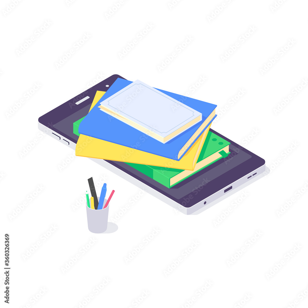 Isometric online education study and laptop teach concept design book library flat design vector illustration Isometric online education study and laptop teach concept design book library flat design vector illustration