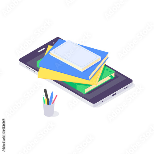 Isometric online education study and laptop teach concept design book library flat design vector illustration