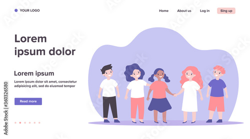 International friendship or multiethnic classmates concept. Diverse group of African American and Caucasian children playing together in kindergarten or school. Flat vector illustration