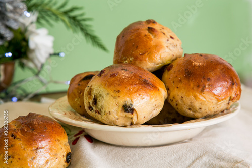 Rosinboller or Juleboller buns with christmas background