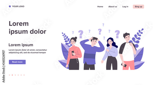 Concerned people solving problem. Depressed guys and girls looking for answers flat vector illustration. Challenge and question concept for banner, website design or landing web page