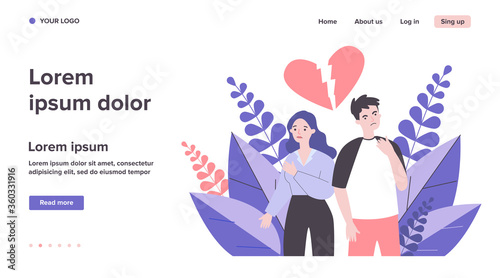 Dating couple having conflict. Unhappy man and woman, broken heart, quarrel flat vector illustration. Relationship, breakup concept for banner, website design or landing web page
