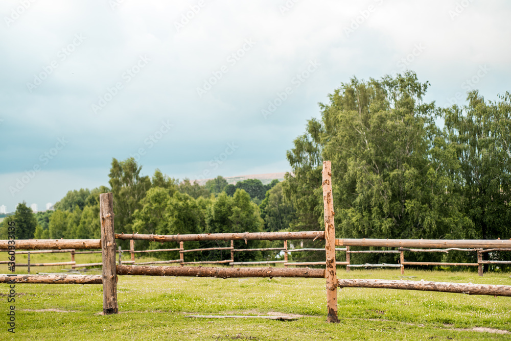 Fototapeta premium Life in the village. Wooden gate with an old deadbolt. Country fence.Nature in the summer at sunset. fields and pasture of cows and horse