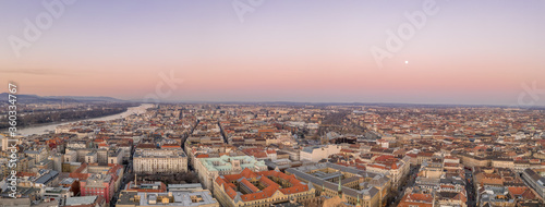 Panoramic aerial drone shot of downtown skyline in Budapest winter sunset hour