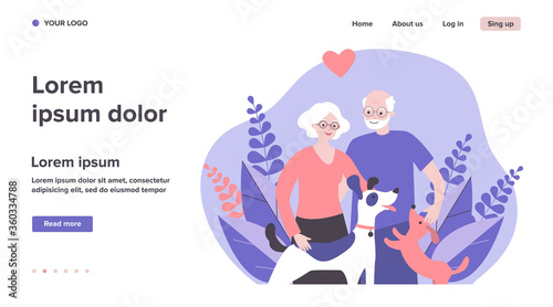 Happy senior couple with dogs. Family, pet, relationship flat vector illustration. Retirement and love concept for banner, website design or landing web page