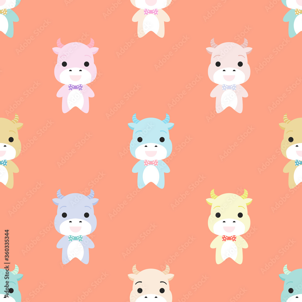 Naklejka premium Doodle cartoon cows seamless pattern. Vector background.