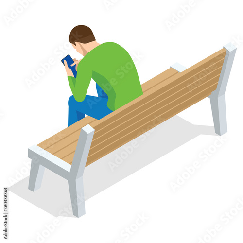 Isometric young man sitting and using mobile phone sitting on a bench and resting , back view, Isolated on white background