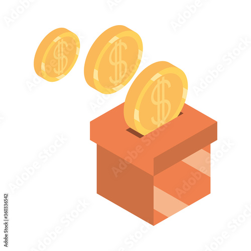 isometric money cash pushing coins in box isolated on white background flat icon