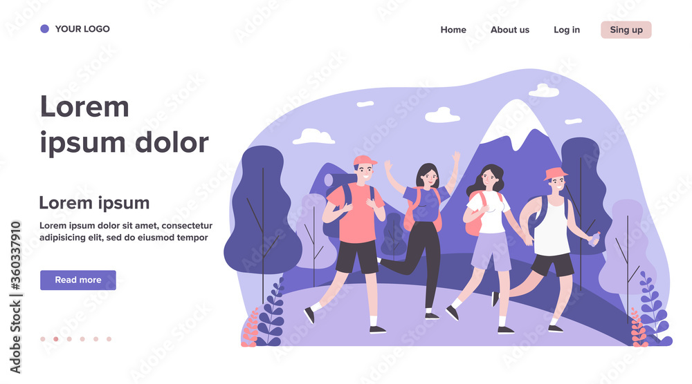 Happy tourists practicing mountain trekking. Hiking, backpacks, walking outdoors flat vector illustration. Adventure travel, outdoor tourism concept for banner, website design or landing web page
