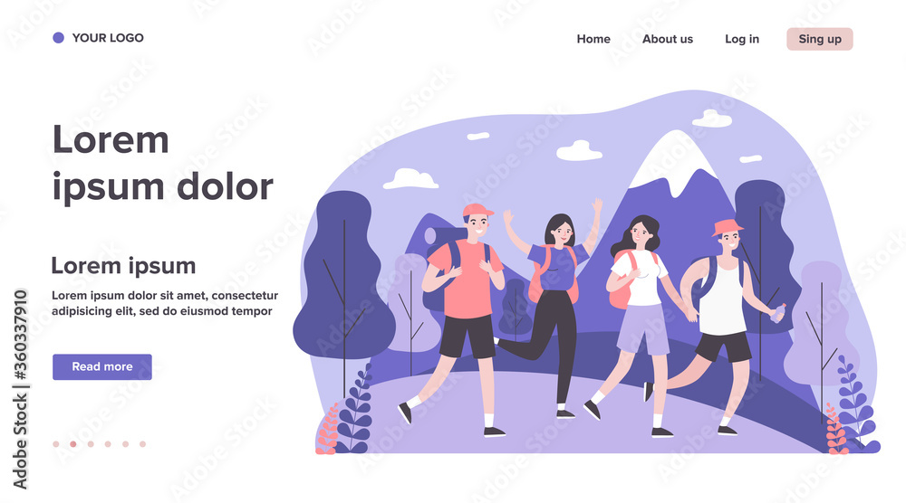 Happy tourists practicing mountain trekking. Hiking, backpacks, walking outdoors flat vector illustration. Adventure travel, outdoor tourism concept for banner, website design or landing web page Happy tourists practicing mountain trekking. Hiking, backpacks, walking outdoors flat vector illustration. Adventure travel, outdoor tourism concept for banner, website design or landing web page