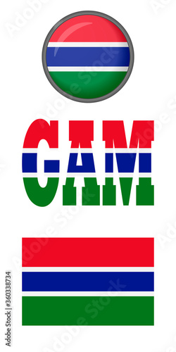 Set of icons of the flags of Gambia on a white background. Vector image: flag of Gambia, the button and the abbreviation. You can use it to create a website, print brochures or a guide book.
