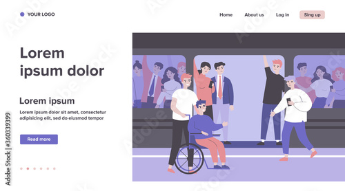 Handicapped guy and his helper travelling by subway train. Help, city transport, wheelchair flat vector illustration. Disabled people support concept for banner, website design or landing web page