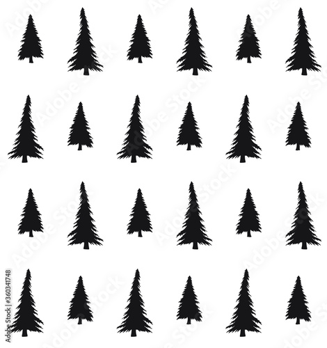 Vector seamless pattern of black spruce silhouette isolated on white background