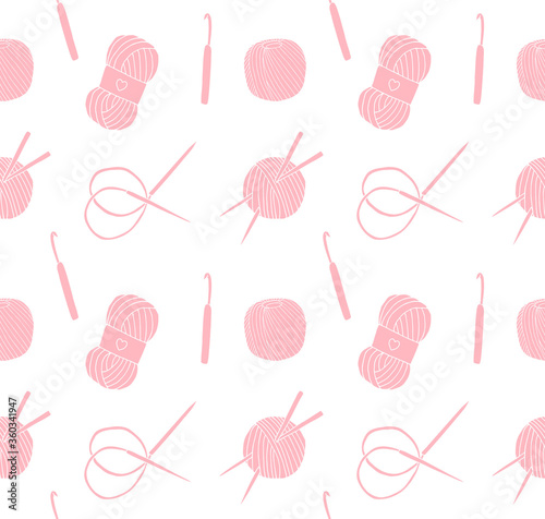 Vector seamless pattern of pink hand drawn doodle sketch set bundle of knitting accessories threads and needles isolated on white background