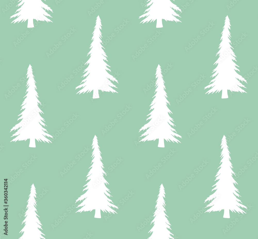 Vector seamless pattern of white hand drawn sketch spruce tree silhouette isolated on mint green background