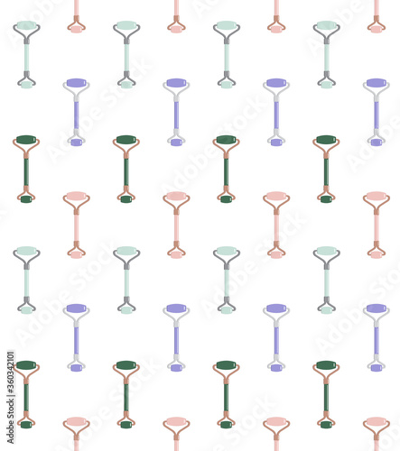 Vector seamless pattern of different color flat cartoon stone massage roller isolated on white background