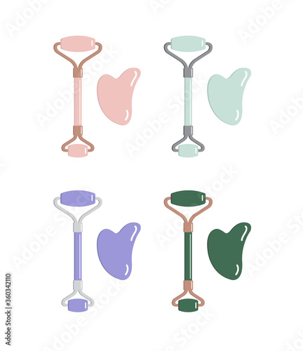 Vector set bundle of different color flat cartoon stone massage roller and gua sha isolated on white background