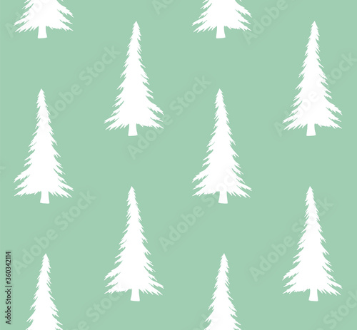 Vector seamless pattern of white hand drawn sketch spruce tree silhouette isolated on mint green background