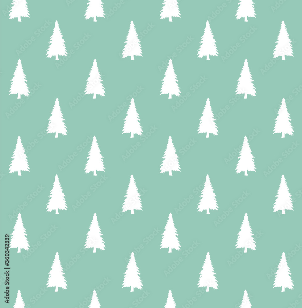 Vector seamless pattern of white hand drawn doodle sketch spruce tree silhouette isolated on green background