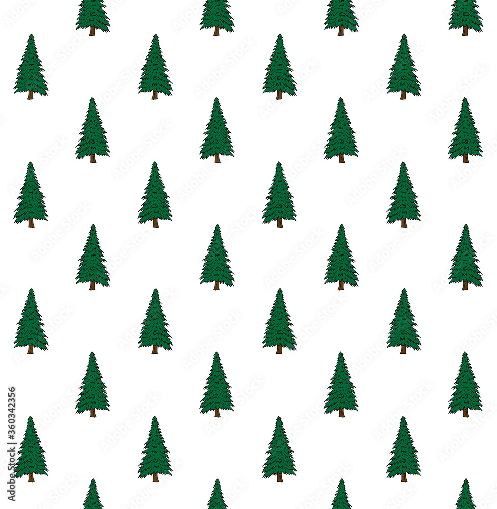 Vector seamless pattern of green colored hand drawn doodle sketch spruce tree isolated on white background