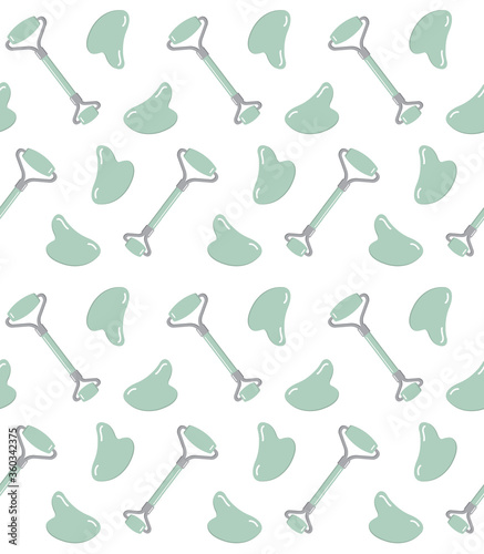 Vector seamless pattern of flat cartoon mint green stone face massage Roller and Gua Sha Set isolated on white background