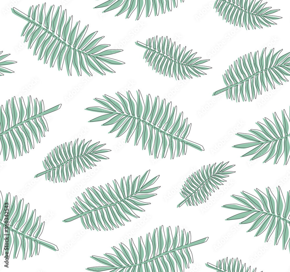 Vector seamless pattern of hand drawn doodle sketch green palm leaves isolated on white background Vector seamless pattern of hand drawn doodle sketch green palm leaves isolated on white background