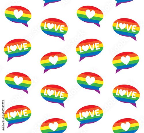 Vector seamless pattern of flat lgbt rainbow flag bubble with heart isolated on white background