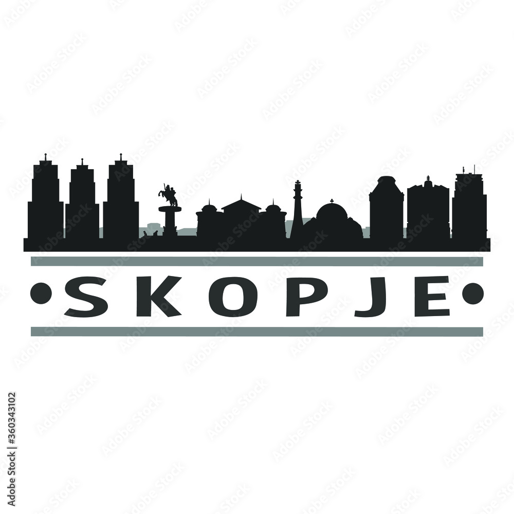 Skopje Macedonia Travel. City Skyline. Silhouette City. Design Vector. Famous Monuments.