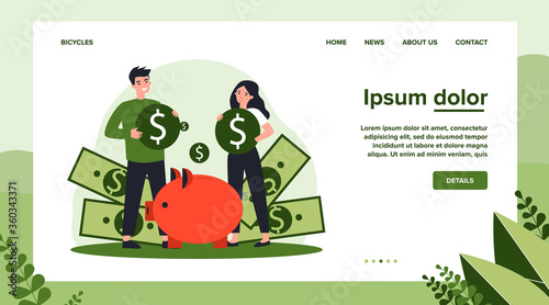 Young family investing money for future flat vector illustration. Man and woman saving finances on deposit for house. Economy and financial independence concept.